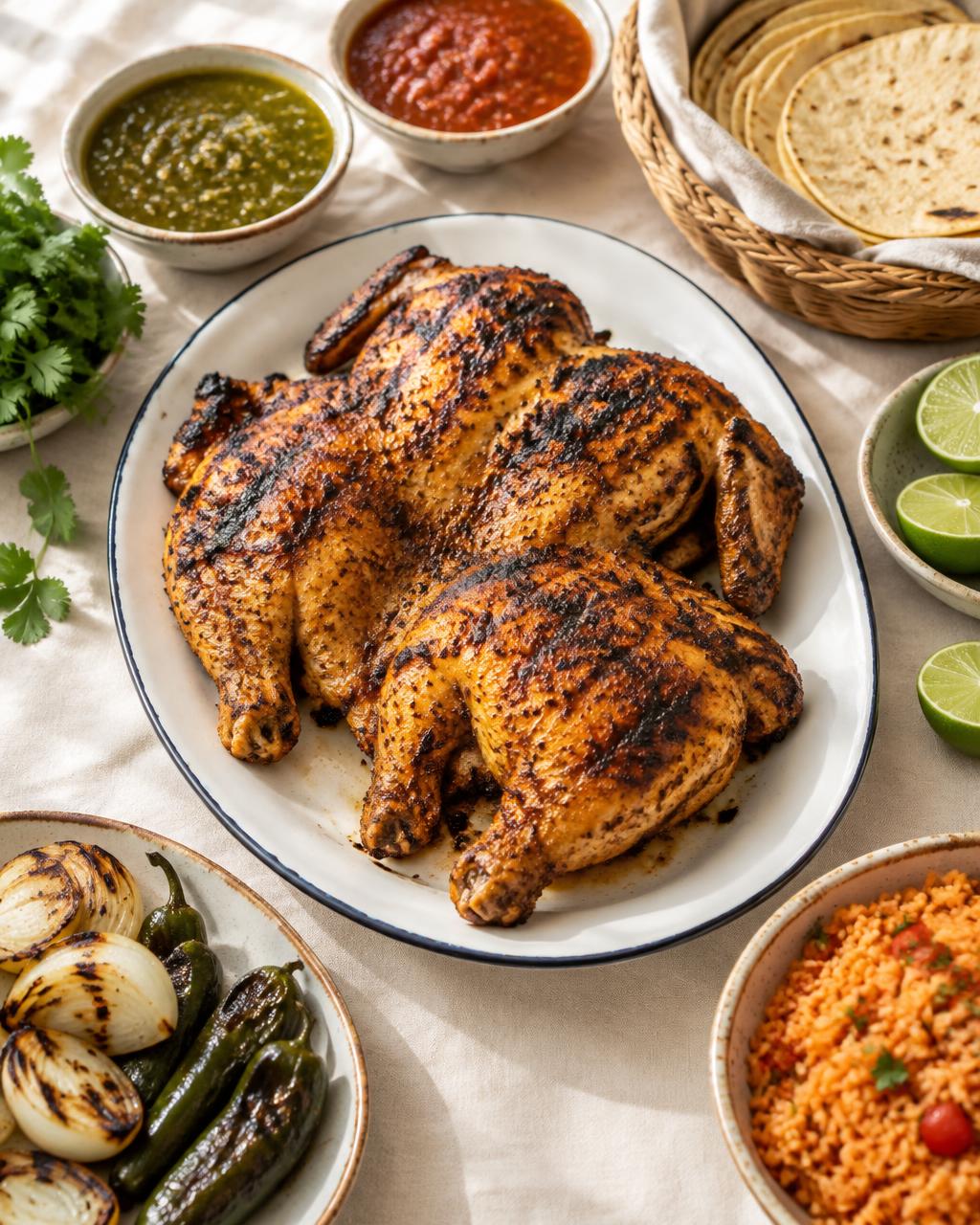 Flame-grilled chicken on a platter surrounded by salsas, tortillas and lime