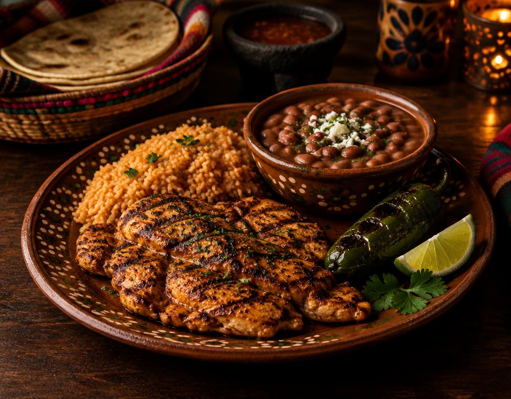 Grilled chicken served with rice, charro beans, elote and grilled chiles